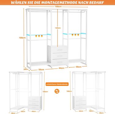 Кутовий вішак для одягу iSunirm L-подібний, білий freestanding шафа-система з шухлядами та міцною конструкцією