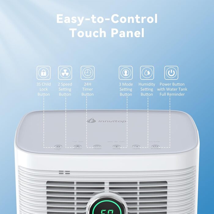 Invito Dehumidifier Electric 12L/24h with Digital Humidity Display, 24H Timer, Continuous Drainage, Room Dehumidifier, Laundry Drying, Suitable for Apartments/Basements