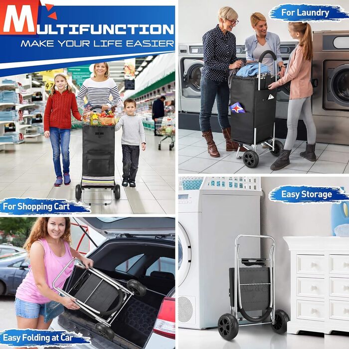 Складаний візок для покупок 75 л з нержавіючою рамою та водонепроникною сумкою (чорний)