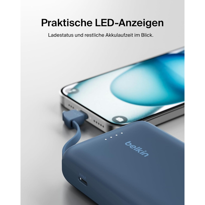 Повербанк Belkin BoostCharge 10000mAh з вбудованим кабелем USB-C, 20W, LED-індикатором, синій