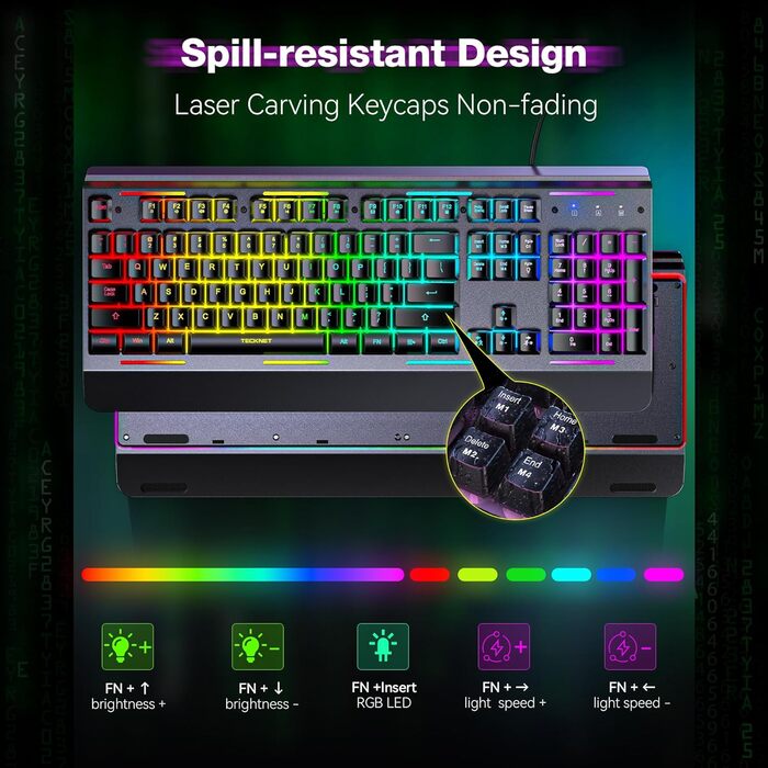 TECKNET RGB ігрова клавіатура для ПК, мембранна, 105 клавіш, повнорозмірна металева панель, підставка для зап'ястя, 15 зон RGB підсвічування, 25 антиблінгувальних клавіш, QWERTY (американська)