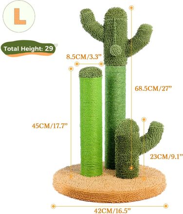 Kratzbaum Kaktus, creative cat tree design, 3-post set, green, - 42 * 68.5cm, AY405-HZ--66GN-B (L, Brown)