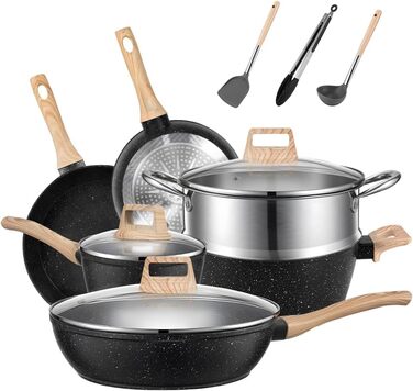 Набір каструль та сковорідок MDHAND з антипригарним покриттям, 12 предметів, чорний граніт, індукційне дно, без PFOA та PFOS