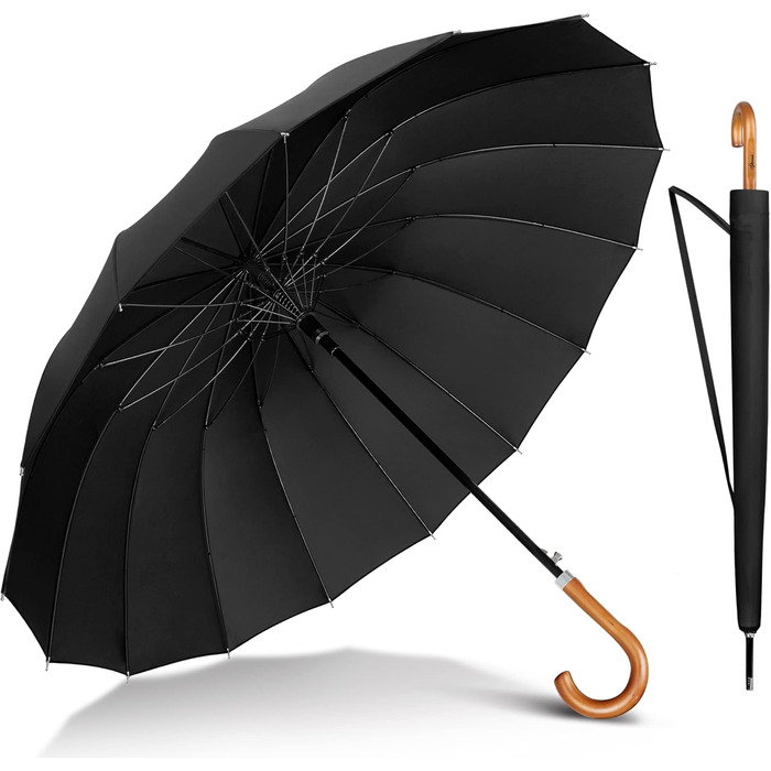 NINEMAX Large Windproof Umbrella - Wooden Handle Stick Umbrella for Men & Women - 16 Ribs Automatic Open - Double Layer Black