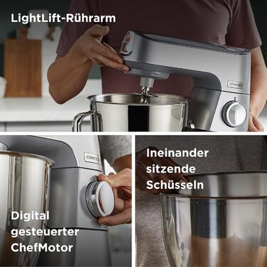 Кухонна машина Kenwood Titanium Chef Baker KVC85.004SI з вбудованими вагами, 1200 Вт, 2 чаші (5 л та 3,5 л), набір для кондитерських виробів, плавне регулювання швидкості, срібляста