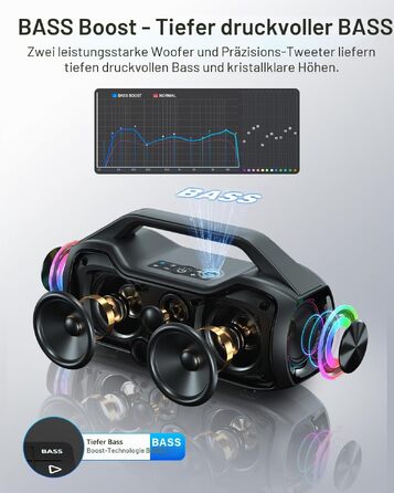 Bluetooth колонка портативна 120W з басами, водонепроникна IP65, підтримка DSP/TWS/AUX/TF/BT5.4, для вечірок та пляжу (Чорна)