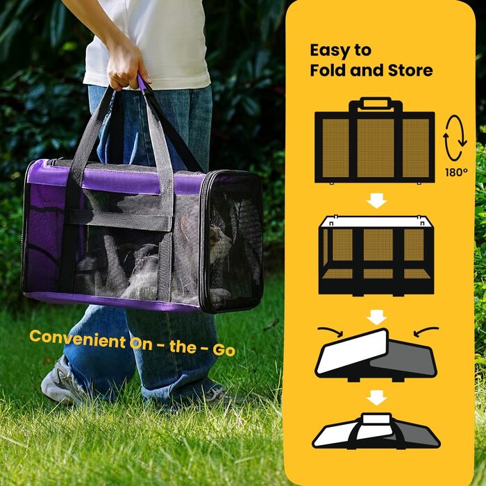 Транспортна переноска для котів Conlun, м'яка переноска з сіткою з 4 сторін, підходить для перевезення літаком, для кошенят та малих котів до 6 кг, складана, розмір 51x31x31 см, фіолетовий колір