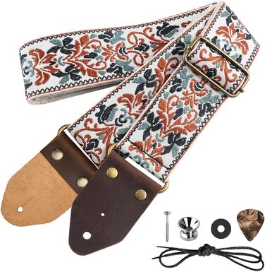 Гітарний ремінь з бавовни для акустичної гітари, 2 шт., вишиті ремені для бас-гітари, електрогітари та акустичної гітари, безкоштовна пряжка, замок для ременя та медіатор (Retro-gold-jacquard)