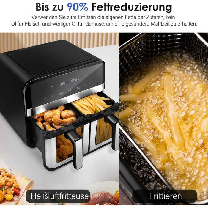Фритюрниця повітряна 9L з цифровим LED-дисплеєм та сенсорним екраном, 10-в-1, без олії, здорове приготування їжі