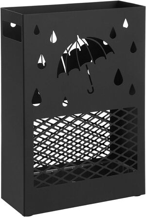SONGMICS Metal Umbrella Stand with Water Tray, 4 Hooks, Cutout Design - Black for Entryway & Office