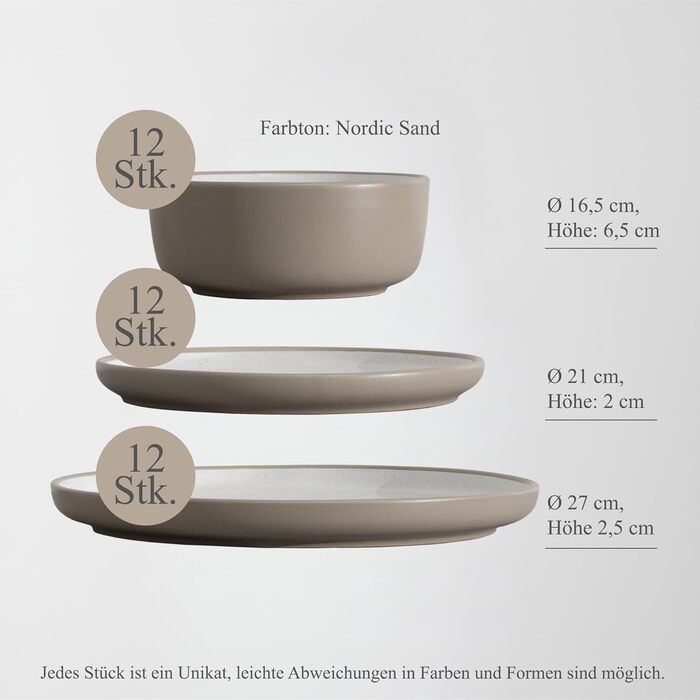 Набір посуду Hausfelder на 8 осіб (32 елементи) – тарілки, миски, чашки. Сучасний сервіз з кераміки, стійкий до миття в посудомийній машині (Nordic Sand)