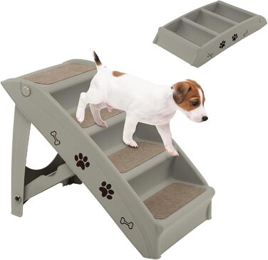 COSTWAY 4-Step Pet Stairs with Carpet, Dog Stairs Plastic Cat Stairs Folding, Portable Dog Ramp Pet Stairs for Dogs and Cats, Pet Ramp for Climbing and Scratching (Gray)