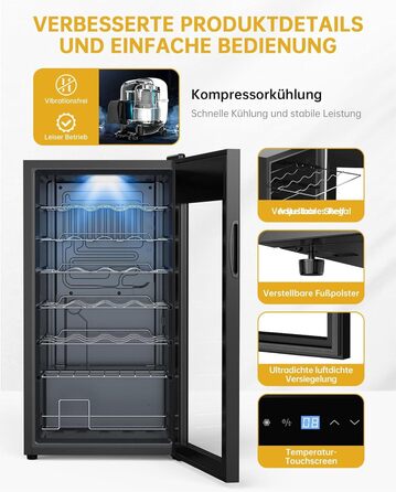 WIE 33 Liter Wine Fridge - 1 Zone Mini Wine Cooler with Glass Door & LED Touch Panel - Anti-UV Wine Storage for 28 Bottles