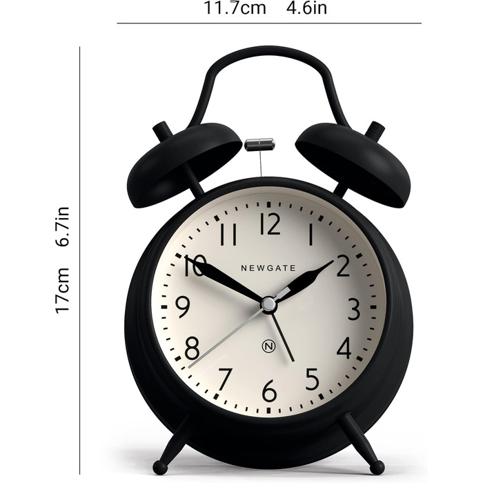 NEWGATE® Classic Double Bell Alarm Clock – The Covent Garden Metal Clock with modern dial, hammer and bell alarm… (Black)