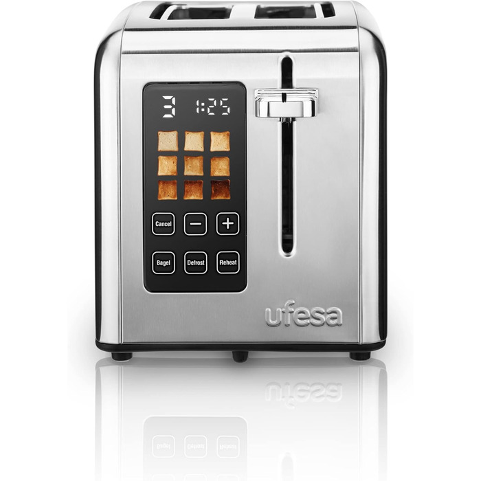 Ufesa Digital Future Toaster, Stainless Steel with 2 Slices, 950W Power, 9 Browning Levels for Bread and Bagels, Touchscreen, Defrost Function, 2 Wide Slots, Inox Screen