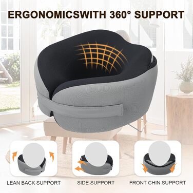 Подушка для шиї у літак з капюшоном, Memory Foam, сіра. Подушка для подорожей, авто, дорослих. З навушниками.