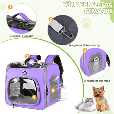 Рюкзак для котів та собак великих порід від ALLSOPETS, дихаючий, з фронтальною відкриваемою конструкцією та страхувальним ремінцем, ідеальний для подорожей, прогулянок та хайкінгу (Квітково-рожевий, Лавандовий)