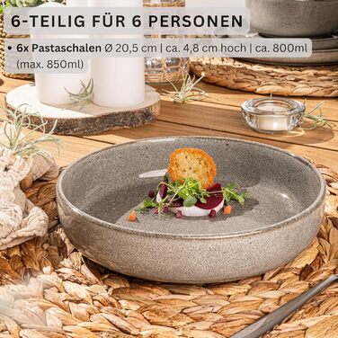 Набір тарілок SÄNGER Kairo Clay (6 шт.) | Тарілки для пасти з кераміки, 800 мл | Стійкі до подряпин, підходять для миття в посудомийній машині та мікрохвильовій печі