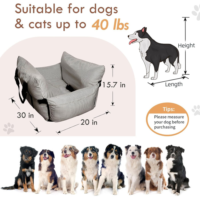 Автокрісло для собак маленьких та середніх порід до 18 кг, з ременями безпеки та кишенями для зберігання, антиковзаюча підкладка (морські смуги) (Коричневе, 76.2x52 см)