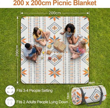 Плед для пікніка 200x200 см водонепроникний, пральний, антипісочний - килимок для пляжу, кемпінгу, 4-6 осіб, з ручкою для перенесення