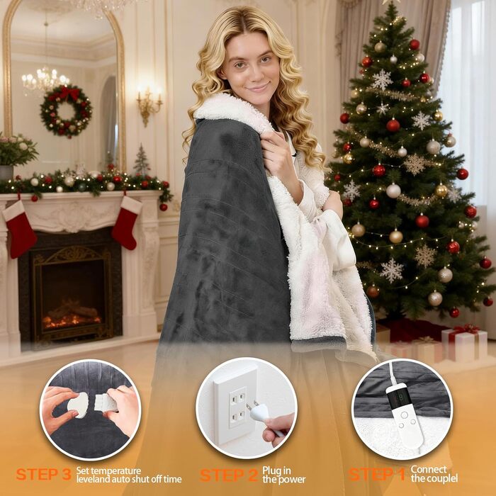 Електрична гріюча ковдра з таймером та захистом від перегріву, 150x180 см, 10 режимів нагріву, Flanell, для ліжка, дивану, офісу (темно-сірий)