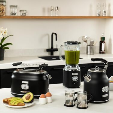 Тостер Westinghouse Retro на 4 скибки, знімна решітка для булочок, 6 режимів підсмажування, функції розморожування, підігріву та зупинки, центрування хліба, індикатор, висувний піддон для крихт, чорний