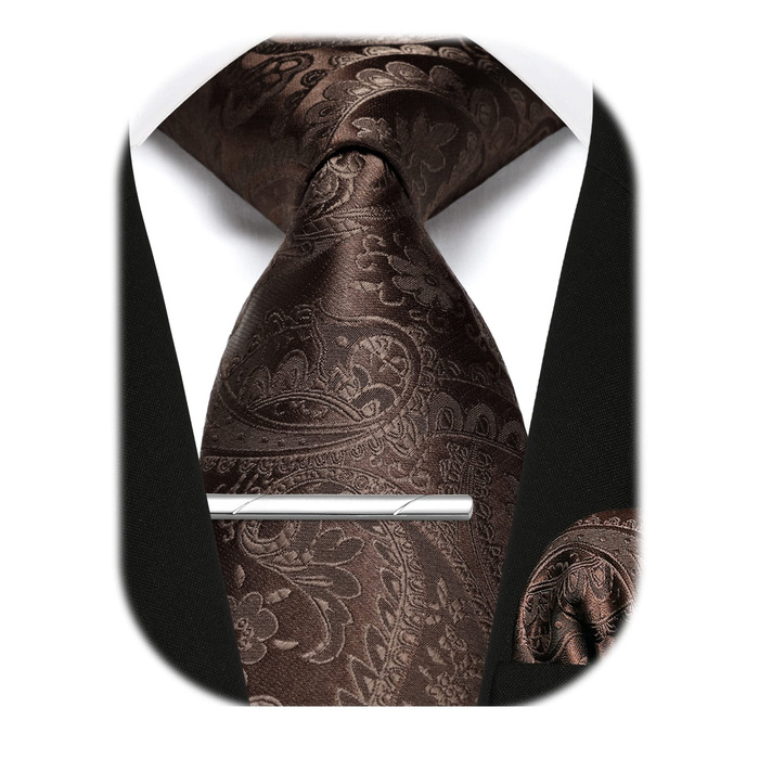 Набір краваток та нагрудних хустинок Enlision для чоловіків: краватка, нагрудна хустинка, краватоклямер. Paisley, в клітинку, коричневий, універсальний розмір