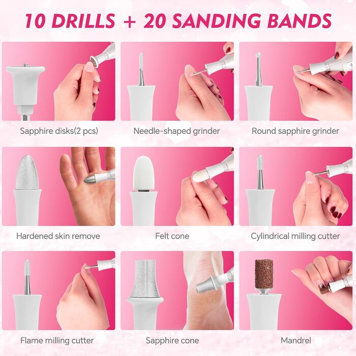 Набір для манікюру та педикюру Beautural, електричний фрезер для нігтів з LED-підсвічуванням, 10 насадок, для догляду за руками та ногами