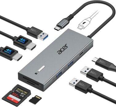 Док-станція Acer USB-C 9-в-1: Dual HDMI 4K@60Hz, 3xUSB-A, USB-C 5Gbps, 100W PD, SD/TF, для Dell, Chromebook, MacBook, Surface