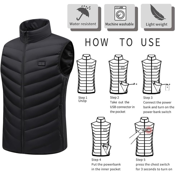 Обогрівальний жилет для чоловіків Monave: тепла куртка з 3 режимами для мотоцикла, кемпінгу, катання на лижах та повсякденного носіння. Чорний (Powerbank не входить до комплекту), XL