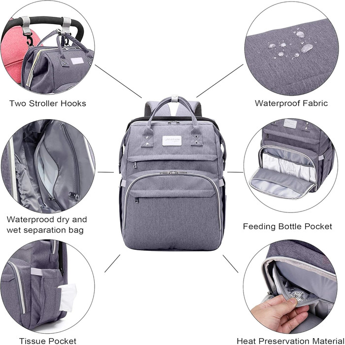 SNDMOR Diaper Bag Backpack, Convertible Diaper Backpack with Changing Pad Function, Large, Multifunctional Diaper Bag with Changing Mat, Stroller Hooks, Suitable for Mom and Dad