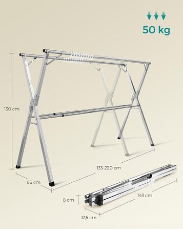 Розсувна сушарка для білизни SONGMICS BUNJI (133-200 см), складана підлогова сушарка для дому та вулиці, сіра (LLR902E01)