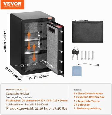 Сейф VEVOR вогнетривкий з цифровим кодом та ключами, меблевий сейф для грошей та цінностей, 2 регульовані полиці, чорний (3,5 куб. фути, 1 дверцята)