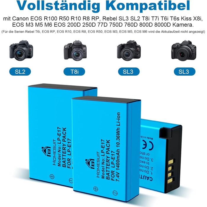Набір акумуляторів Homesuit LP-E17 1400mAh 3шт. та зарядний пристрій LCD з USB для Canon EOS Rebel SL3, SL2, T8i, T7i, T6i, T6s, RP, M3, M5, M6, 200D, 77D, 750D, 760D, 800D, 8000D та інші моделі Canon