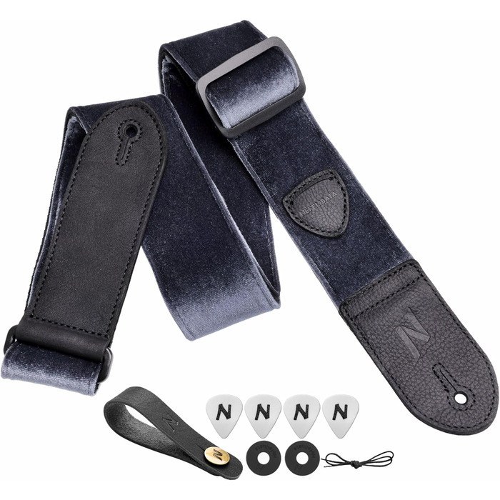 Гітарний ремінь Nefelibata з повного нубуку, вінтажний велюровий ремінь, безкоштовний бонус: 4 медіатори + фіксатори ремінця + кнопка для ремінця, подарунок для бас-гітари, електро- та акустичної гітари (Чарівний фіолетовий, вінтажний сірий)