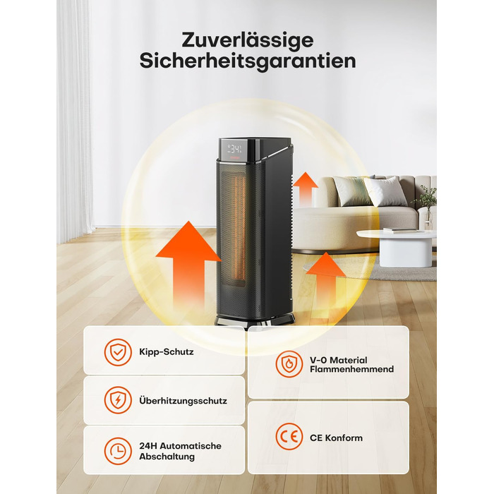 Електричний обігрівач QEXREED 2000W з PTC-нагрівачем, 4 режими, ECO-режим, осциляція 90°, таймер 24г, пульт ДУ, тихий та потужний, захист від перегріву та перекидання