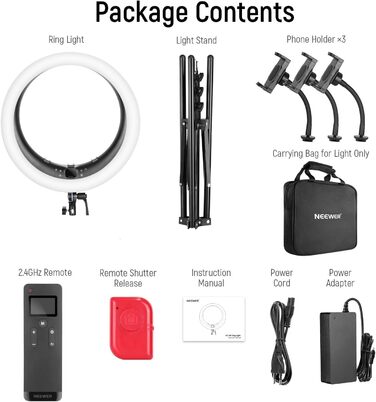 NEEWER Ringlicht RP19H 19 дюймів з триподом та 3 тримачами для телефону, дистанційне керування 2.4G, плавне регулювання яскравості, LCD та сенсорне керування, 42W CRI 97+ 2540 Lux, для стрімінгу, дому, офісу, Zoom, освітлення кільцеве світло з пусковим пр