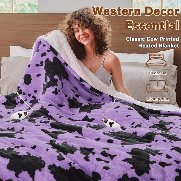 Електрична гріюча ковдра з принтом 'Корова', подвійний розмір, 157 x 213 см, фіолетовий колір, 10 режимів нагріву, автоматичне вимкнення через 8 годин, флісова та шерпа ковдра, тепла, подарунок для жінок, 62'x84' ковдра з принтом 'Високогірна корова'