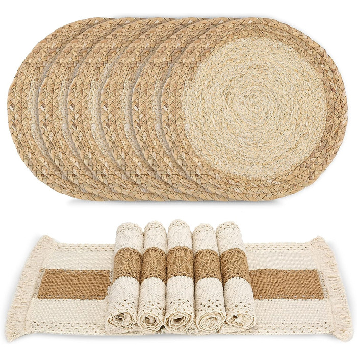 Zology Handcrafted Boho Placemats, Set of 6, Natural Cotton, Burlap & Water Hyacinth, Woven Combination Placemats, Macrame Decor & Farmhouse Style, Placemats for Dining Table, Kitchen