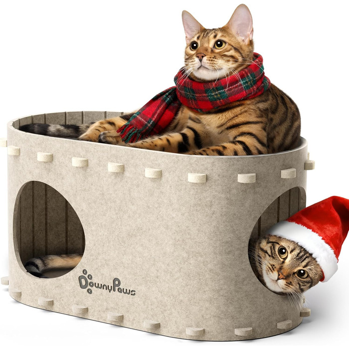 Будиночок для котів з фетру, лежанка для котів, затишна кімната для котів, 58 x 33 x 30 см, ігровий Peek-a-Boo, зимовий, захист кігтів, бежевий, 1 шт.