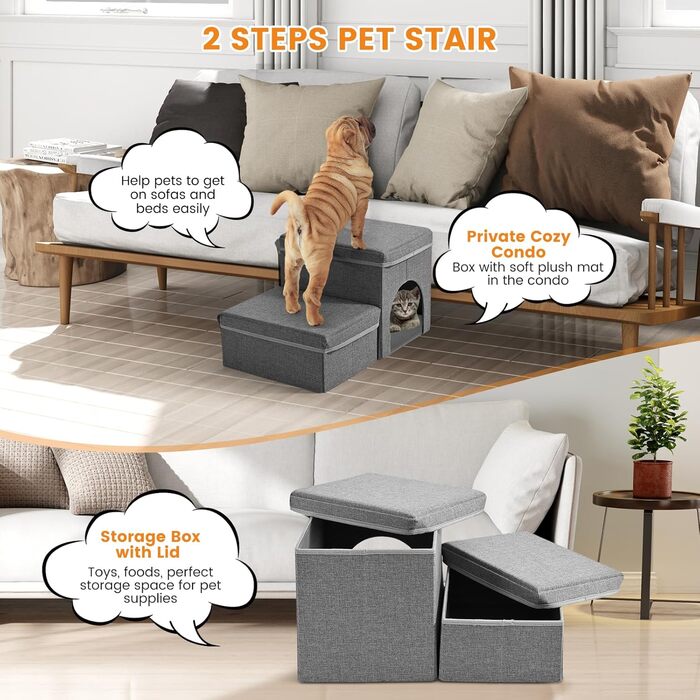 Сходинка для собак Sunowl 2 сходинки, складана, широка, з місцем для зберігання, для маленьких собак та котів, м'яка, неслизька поверхня