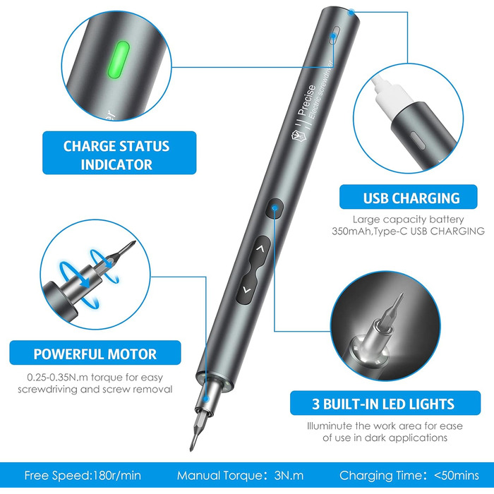 Ankilo Міні-електрошуруповерт 28-в-1: прецизійний набір викруток з LED-підсвічуванням для телефонів, годинників, ноутбуків (сірий)
