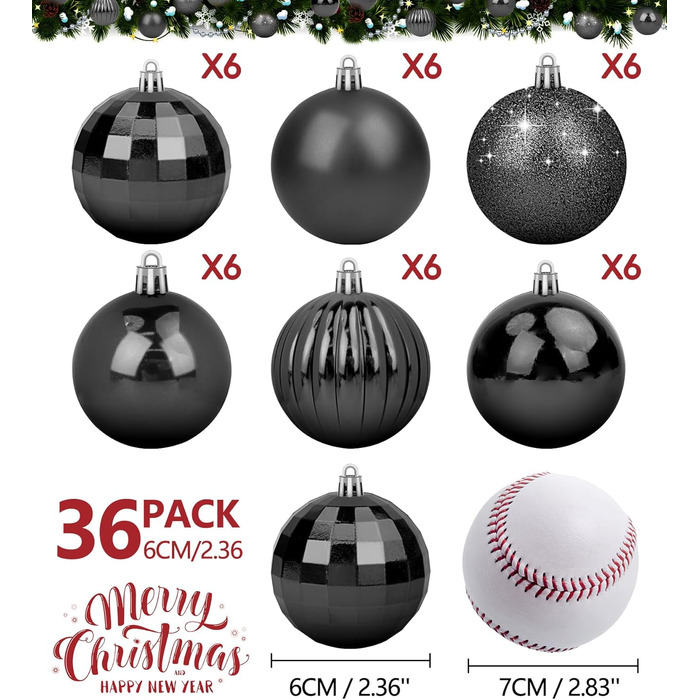 Набір прикрас на ялинку 36 шт. блакитні, ялинкові кулі, декор для ялинки, 6 см, чорний колір