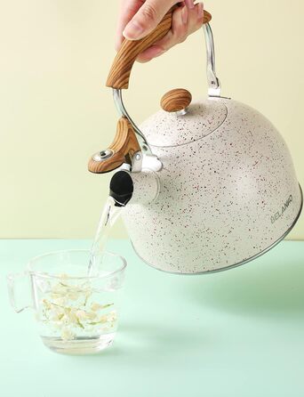 Чайник BELANKO 2,5 л з свистком, нержавіюча сталь, з дерев'ястим декором, складаний ручка, для чаю, кави, молока – блакитний (Starry White)