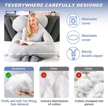 Подушка для вагітних Avmvnvc U-подібної форми, велика, для сну на боці, знімний чохол з джерсі (сірий)