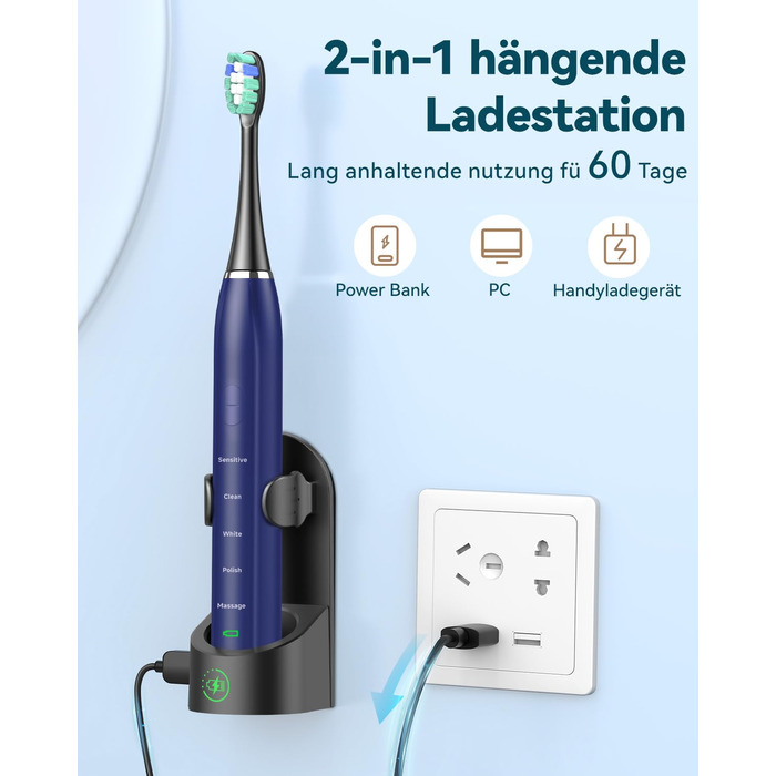 Електрична звукова зубна щітка для дорослих з відбілюючим ефектом - Ultraschall Zahnbürste з 8 насадками, 5 режимами чищення та кейсом для подорожей (Синій)