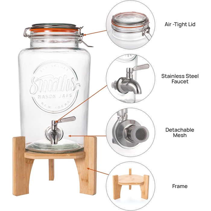 Скляний диспенсер для напоїв Smith's Mason Jars 5 л з нержавіючим краном, фільтром і дерев'яною підставкою — ідеально для лимонаду, води, коктейлів