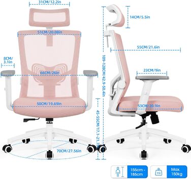 Ергономічне крісло Daccormax для офісу: регульована спинка, підголівник, підлокітники, витривале до 150 кг (Рожевий)
