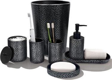 Набір аксесуарів для ванної кімнати LKKL 7-Piece Silver Set: сміттєвий бак, диспенсер для мила, мильниця, стакан для зубної щітки, підставка для зубних щіток, контейнер для ватних паличок, піднос. Сучасний набір для ванної кімнати.