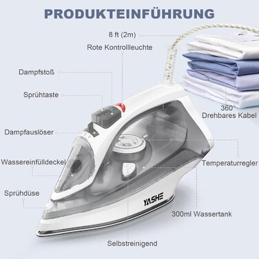 Пароочисник 2300W з антипригарною підошвою, 300 мл резервуар, постійна подача пари 25 г/хв, паровий удар 150 г/хв, самоочищення, захист від накипу та запобігання протіканню. Великий об'єм.